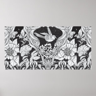 Blommor och fåglar i art nouveau stil, sömlösa poster