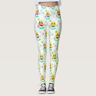 blommor och fåglar mönster leggings