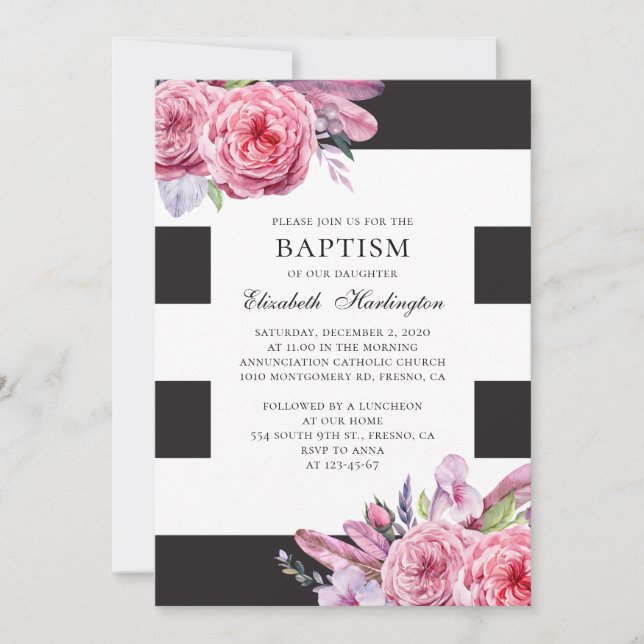 Blommor och fjädrar med baptism i vattenfärg rosa  inbjudningar (Framsida)