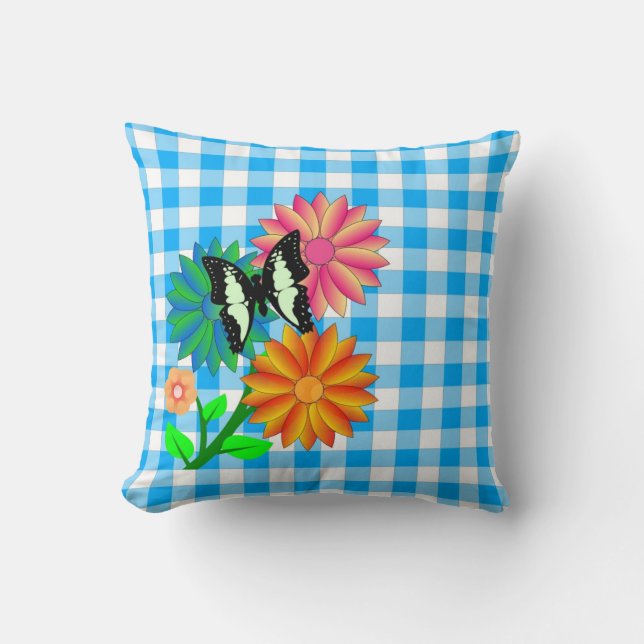 Blommor och fjäril Blue Vichy Pillow Kudde (Framsida)
