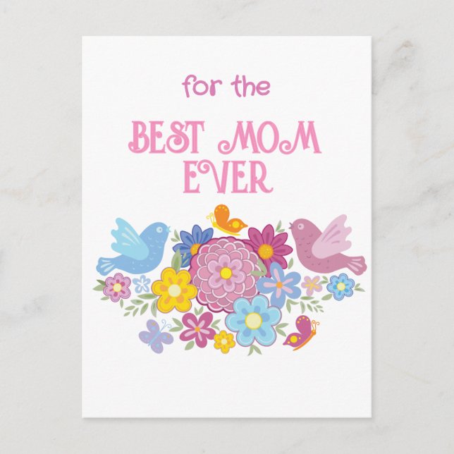Blommor och fjäril, fåglar till världens bästa mam vykort (Framsida)