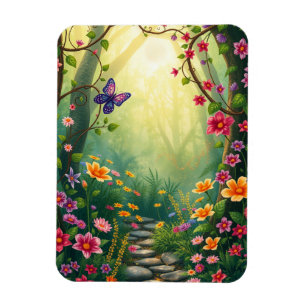 Blommor och fjäril i en kanderad regnskog magnet