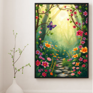 Blommor och fjäril i en kanderad regnskog poster