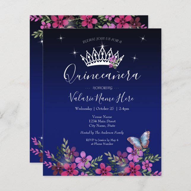 Blommor och fjäril Quinceanera (Fram/baksida)