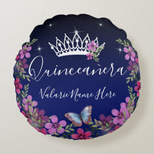 Blommor och fjäril Quinceanera Blue Rund Kudde