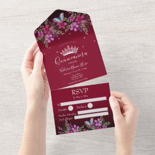 Blommor och fjäril Quinceanera Burgundy