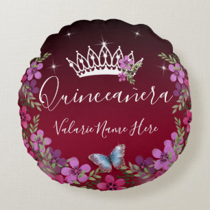 Blommor och fjäril Quinceanera Burgundy Rund Kudde