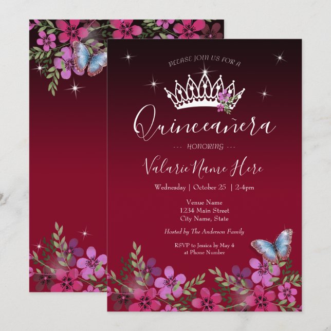 Blommor och fjäril Quinceanera-inbjudan (Fram/baksida)