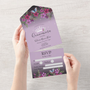 Blommor och fjäril Quinceanera Lila allt in