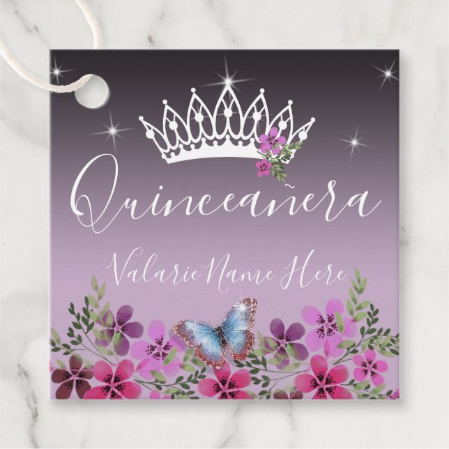 Blommor och fjäril Quinceanera-Lila Gåvor Etiketter (Framsida)