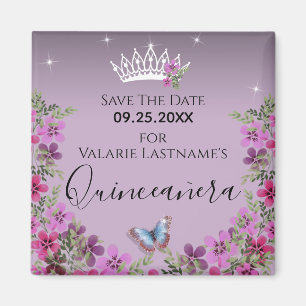 Blommor och fjäril Quinceanera Spara datum Morsa Magnet
