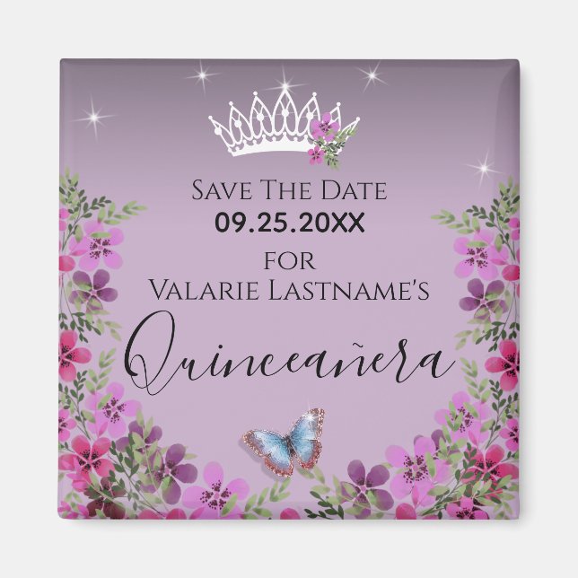 Blommor och fjäril Quinceanera Spara datum Morsa Magnet (Framsidan)