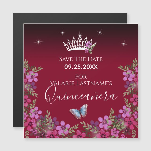 Blommor och fjäril Quinceanera Spara datumet (Fram/baksida)