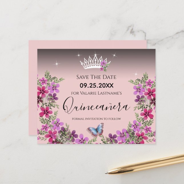 Blommor och fjäril Quinceanera Spara datumet (Fram/Back In Situ)