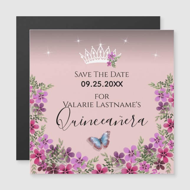 Blommor och fjäril Quinceanera Spara datumet (Fram/baksida)
