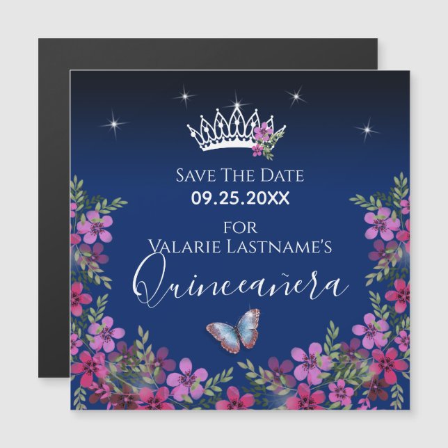 Blommor och fjäril Quinceanera Spara datumet (Fram/baksida)