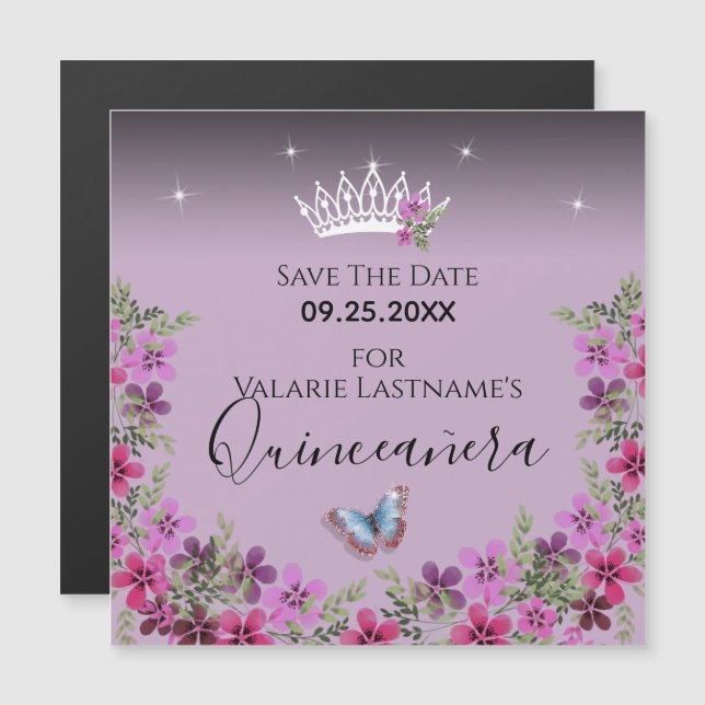 Blommor och fjäril Quinceanera Spara datumet (Fram/baksida)