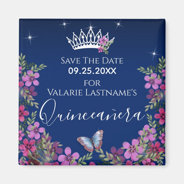 Blommor och fjäril Quinceanera Spara datumet Magnet (Framsidan)