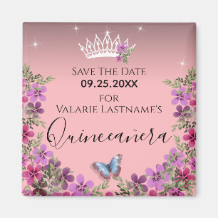 Blommor och fjäril Quinceanera Spara datumet Magnet