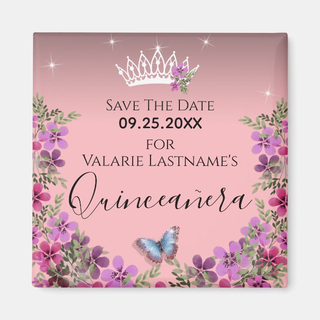 Blommor och fjäril Quinceanera Spara datumet Magnet (Framsidan)