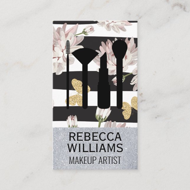 Blommor och fjärilar | Glitter Makeup-uppsättning Visitkort (Framsida)