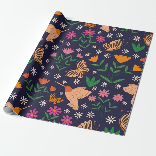 Blommor och fjärilar med kolibrier  presentpapper (Utrullad)