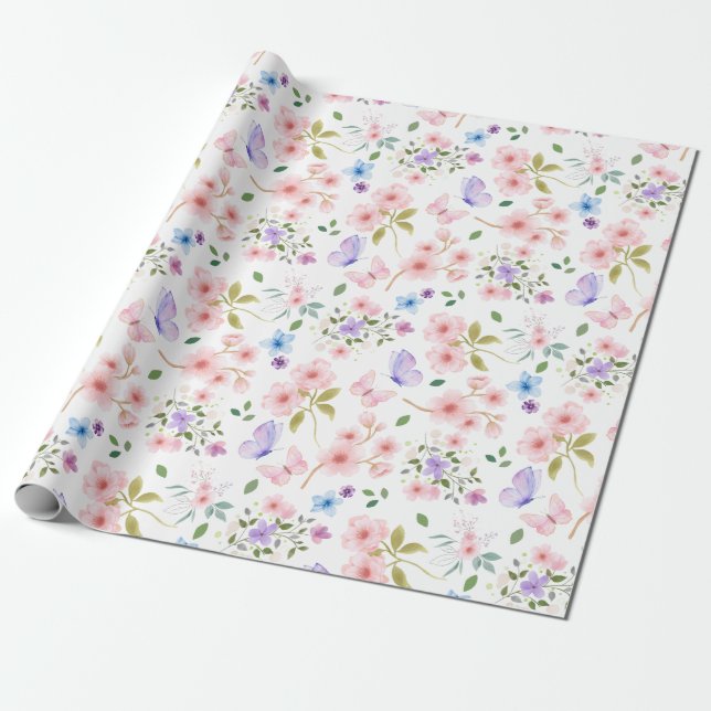 Blommor och fjärilar presentpapper (Utrullad)