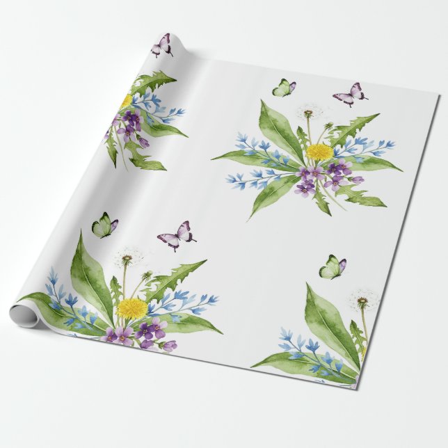 Blommor och fjärilar presentpapper (Utrullad)
