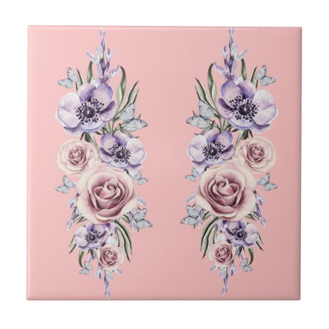 Blommor och fjärilar Rosa Vintage av keramiska pla Kakelplatta (Framsidan)