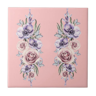Blommor och fjärilar - Teckning Art - Rosa Kakelplatta