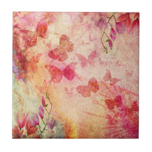 Blommor och fjärilar, vattenfärg, keramiskt platto kakelplatta