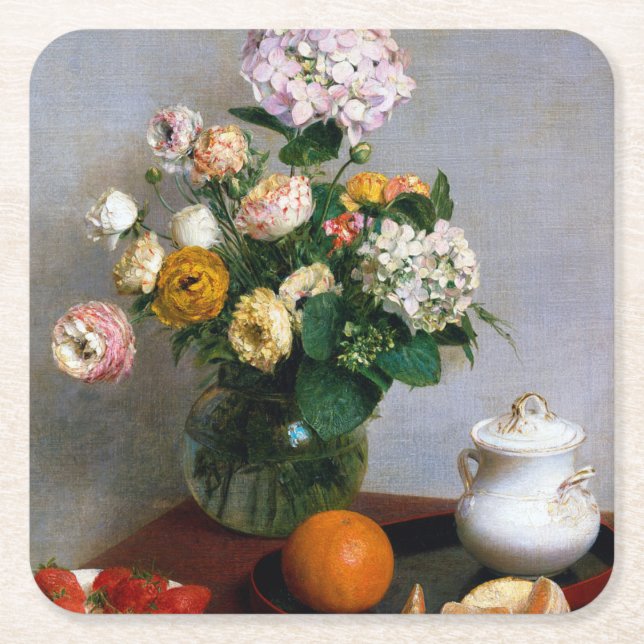 Blommor och frukt, Henri Fantin-Latour Underlägg Papper Kvadrat (Framsidan)