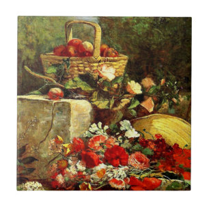 Blommor och frukt i en Garden, Eugene Boudin art Kakelplatta