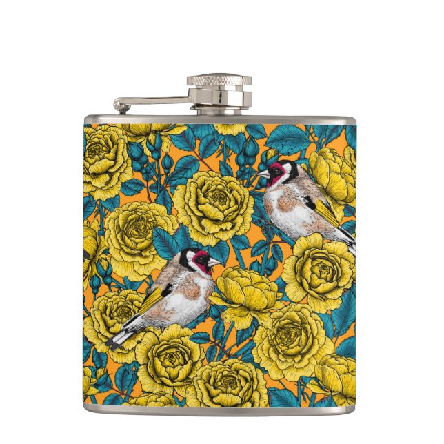 Blommor och guldfåglar i ro fickplunta (Framsidan)