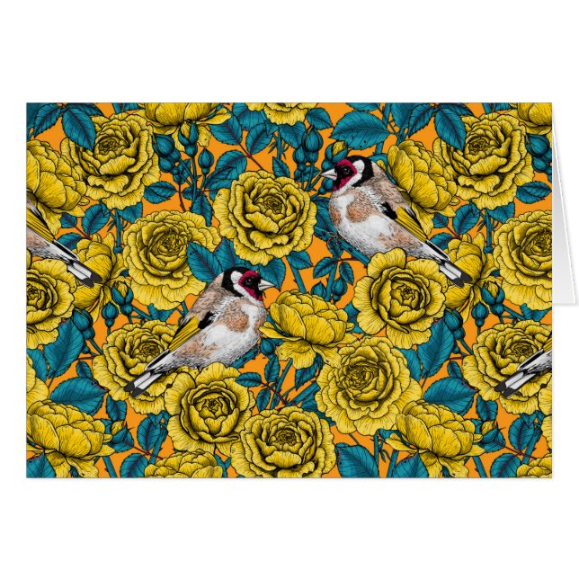Blommor och guldfåglar i ro hälsningskort (Framsidan Horizontal)