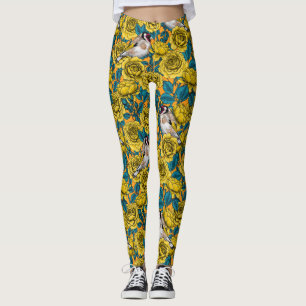 Blommor och guldfåglar i ro leggings