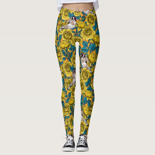 Blommor och guldfåglar i ro leggings (Framsida)