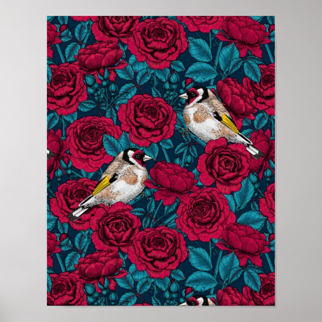 Blommor och guldfåglar i röd ros poster (Framsidan)