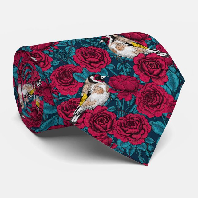Blommor och guldfåglar i röd ros slips (Rullad)