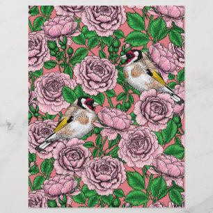 Blommor och guldfåglar i rosa ros