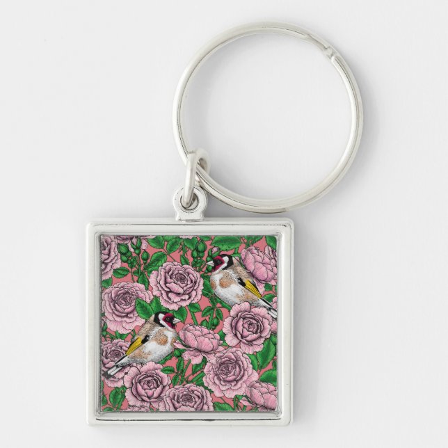 Blommor och guldfåglar i rosa ros fyrkantig silverfärgad nyckelring (Framsidan)