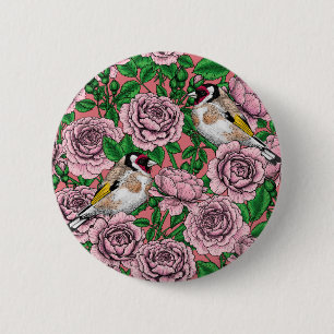 Blommor och guldfåglar i rosa ros knapp