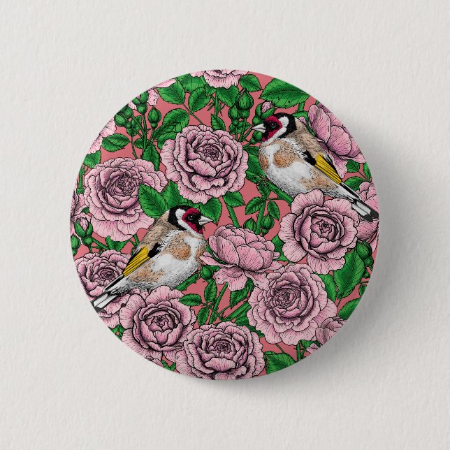 Blommor och guldfåglar i rosa ros knapp (Framsida)