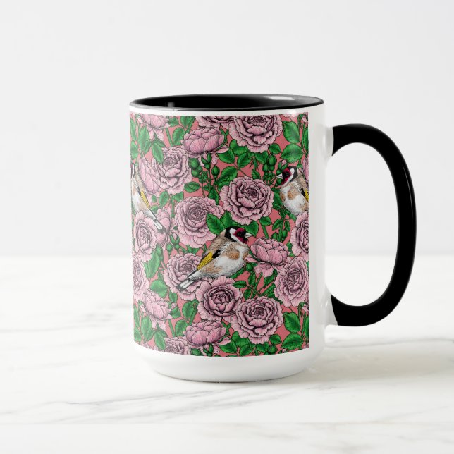 Blommor och guldfåglar i rosa ros mugg (Höger)