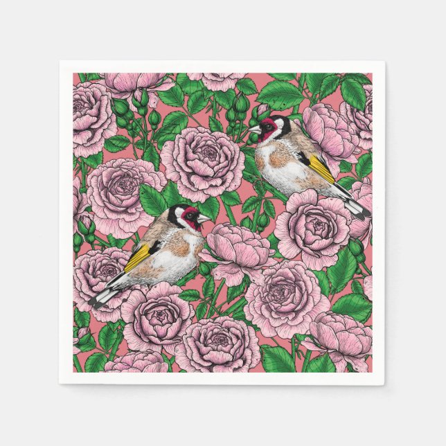Blommor och guldfåglar i rosa ros pappersservett (Framsidan)