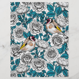 Blommor och guldfåglar i vit ros