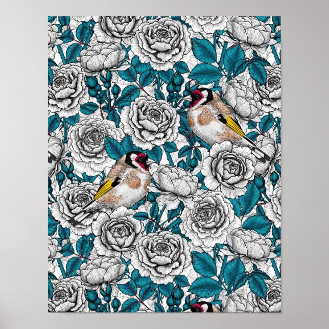 Blommor och guldfåglar i vit ros poster (Framsidan)