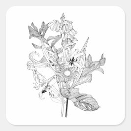 Blommor och handflatan lämnar i sketch stil. fyrkantigt klistermärke