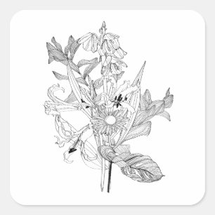 Blommor och handflatan lämnar i sketch stil. fyrkantigt klistermärke