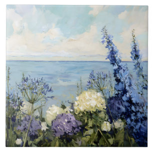 Blommor och havsmålning kakelplatta